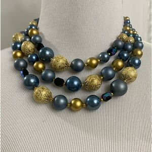 VINTAGE 60’s Blue & Gold Triple Strand Necklace and Clip On Earrings
